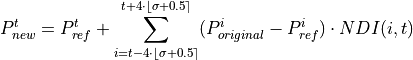 P_{new}^t = P_{ref}^t + \sum_{i=t-4 \cdot \lfloor\sigma+0.5\rceil}^{t+4 \cdot \lfloor\sigma+0.5\rceil} (P_{original}^i - P_{ref}^i) \cdot NDI(i, t)