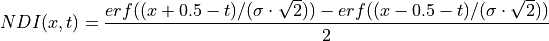 NDI(x, t) = \frac{erf((x + 0.5 - t) / (\sigma \cdot \sqrt{2})) - erf((x - 0.5 - t) / (\sigma \cdot \sqrt{2}))}{2}