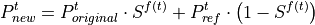 P_{new}^t = P_{original}^t  \cdot S^{f(t)} + P_{ref}^t \cdot \left(1 - S^{f(t)}\right)