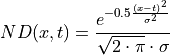 ND(x, t) = \frac{e^{-0.5 \frac{\left(x - t\right)^2}{\sigma^2}}}{\sqrt{2 \cdot \pi} \cdot \sigma}