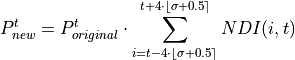 P_{new}^t = P_{original}^t \cdot \sum_{i=t-4 \cdot \lfloor\sigma+0.5\rceil}^{t+4 \cdot \lfloor\sigma+0.5\rceil} NDI(i, t)