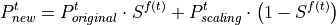 P_{new}^t = P_{original}^t  \cdot S^{f(t)} + P_{scaling}^t \cdot \left(1 - S^{f(t)}\right)